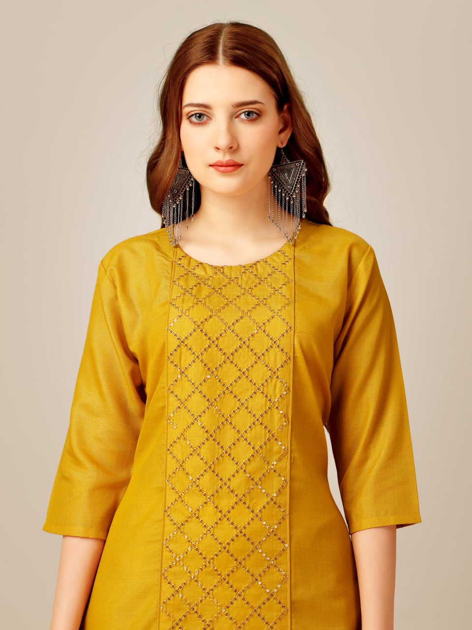 Yellow Color Cotton Magic Slub with Embroidery & Sequence Work Kurti and Pant