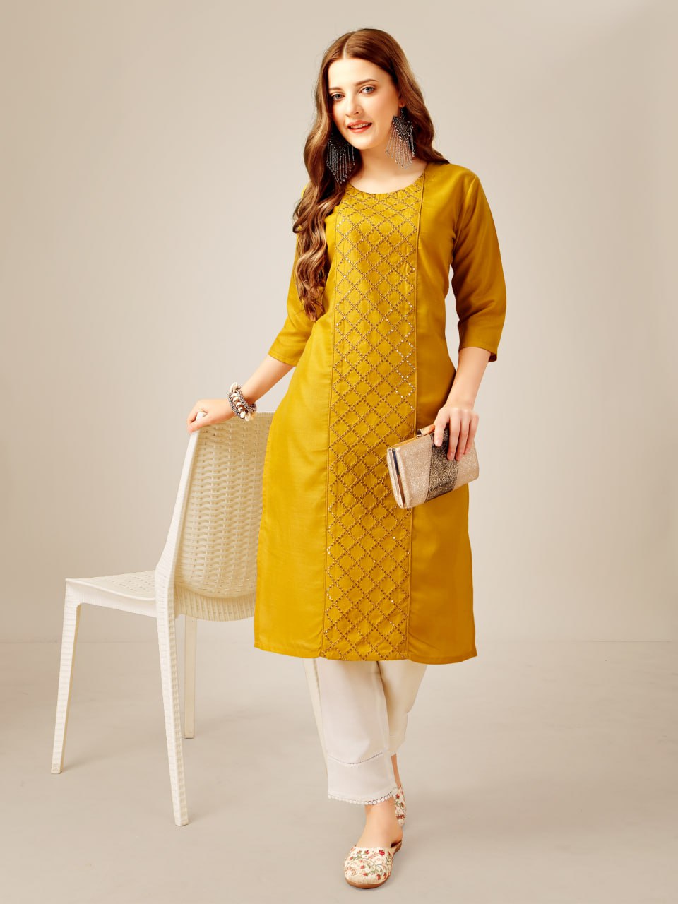 Yellow Color Cotton Magic Slub with Embroidery & Sequence Work Kurti and Pant