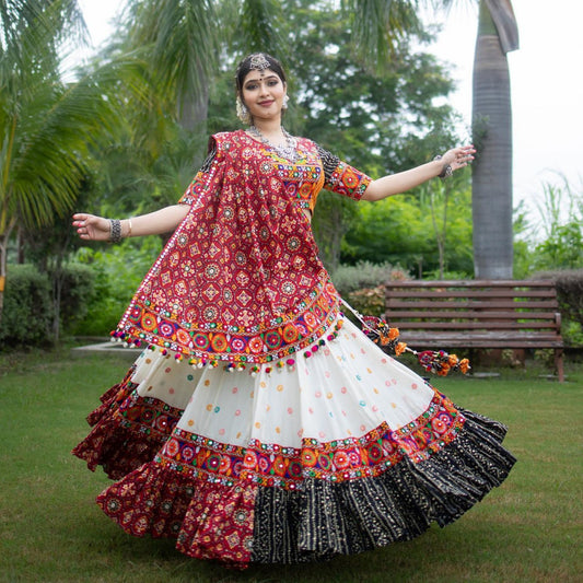 White Red Color Fancy Digital Print Soft Butter Silk Real Mirror Work Navaratri Lehenga Choli