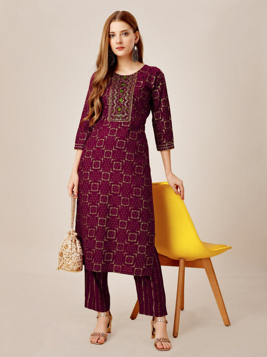 Purple Color Heavy Rayon 14 Kgs With Embroidery Work Kurti and Pant