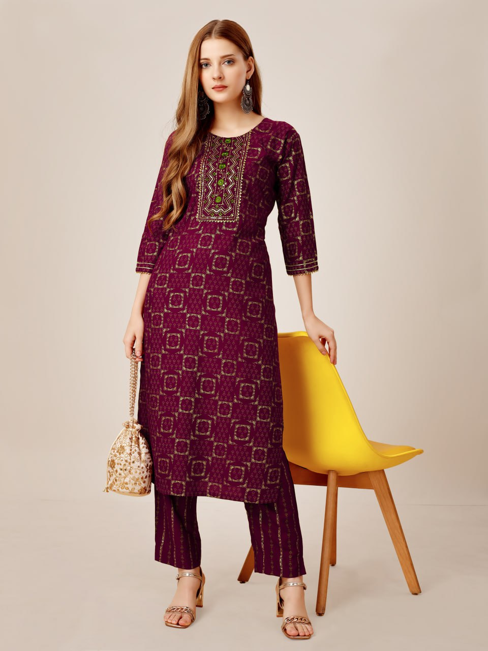 Purple Color Heavy Rayon 14 Kgs With Embroidery Work Kurti and Pant