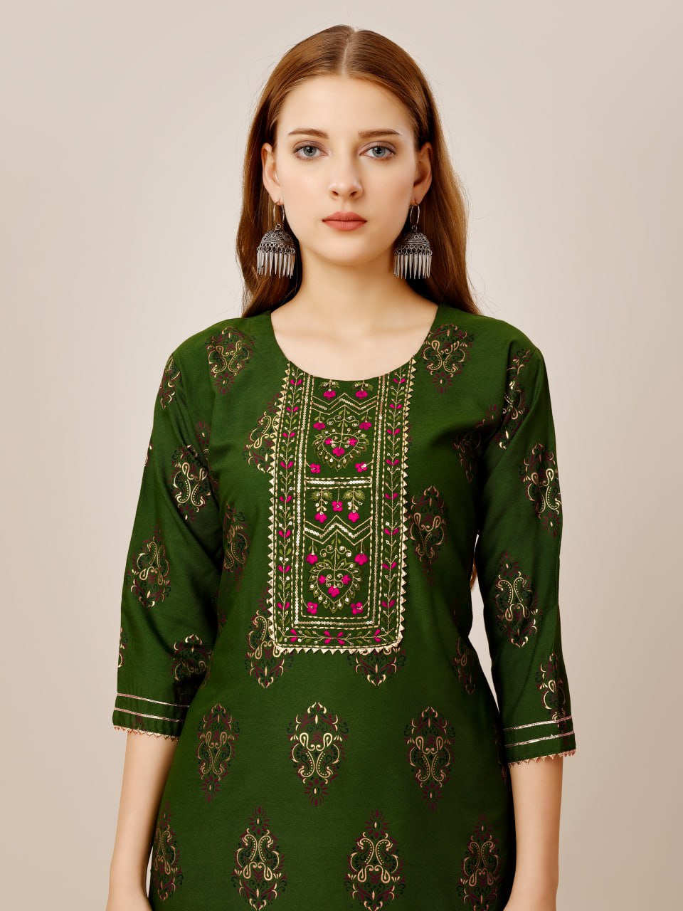 Green Color Heavy Rayon 14 Kgs With Embroidery Work Kurti and Pant