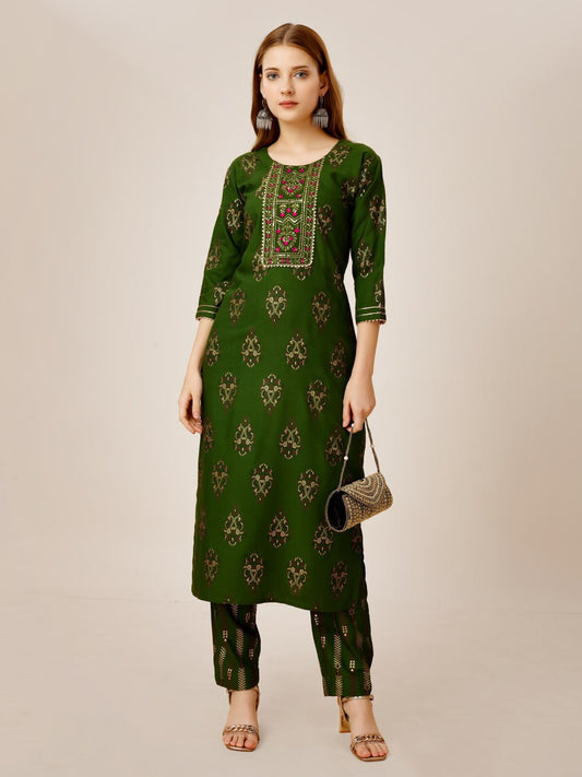 Green Color Heavy Rayon 14 Kgs With Embroidery Work Kurti and Pant