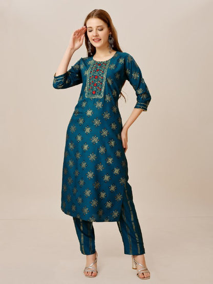 Navy Blue Color Heavy Rayon 14 Kgs With Embroidery Work Kurti and Pant