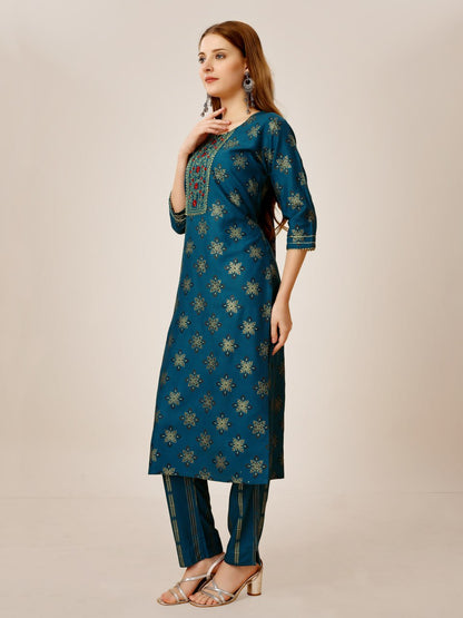 Navy Blue Color Heavy Rayon 14 Kgs With Embroidery Work Kurti and Pant