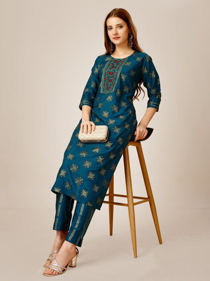 Navy Blue Color Heavy Rayon 14 Kgs With Embroidery Work Kurti and Pant