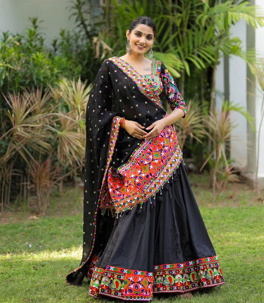 Black Color Fancy Digital Print Soft Butter Silk Real Mirror Work Navaratri Lehenga Choli