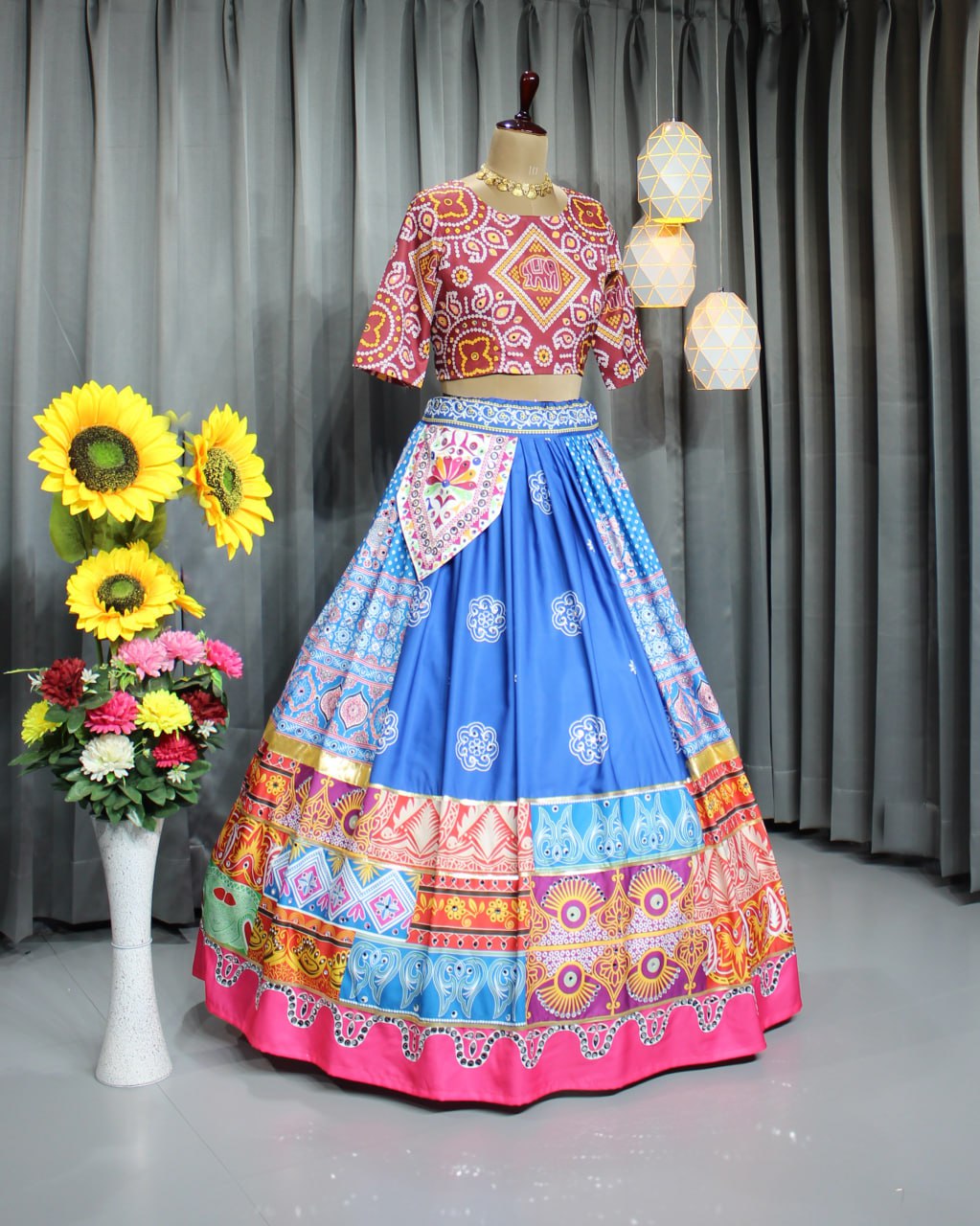 Multicolor Fancy Digital Print Soft Maslin Cotton Real Mirror Work Navaratri Lehenga Choli