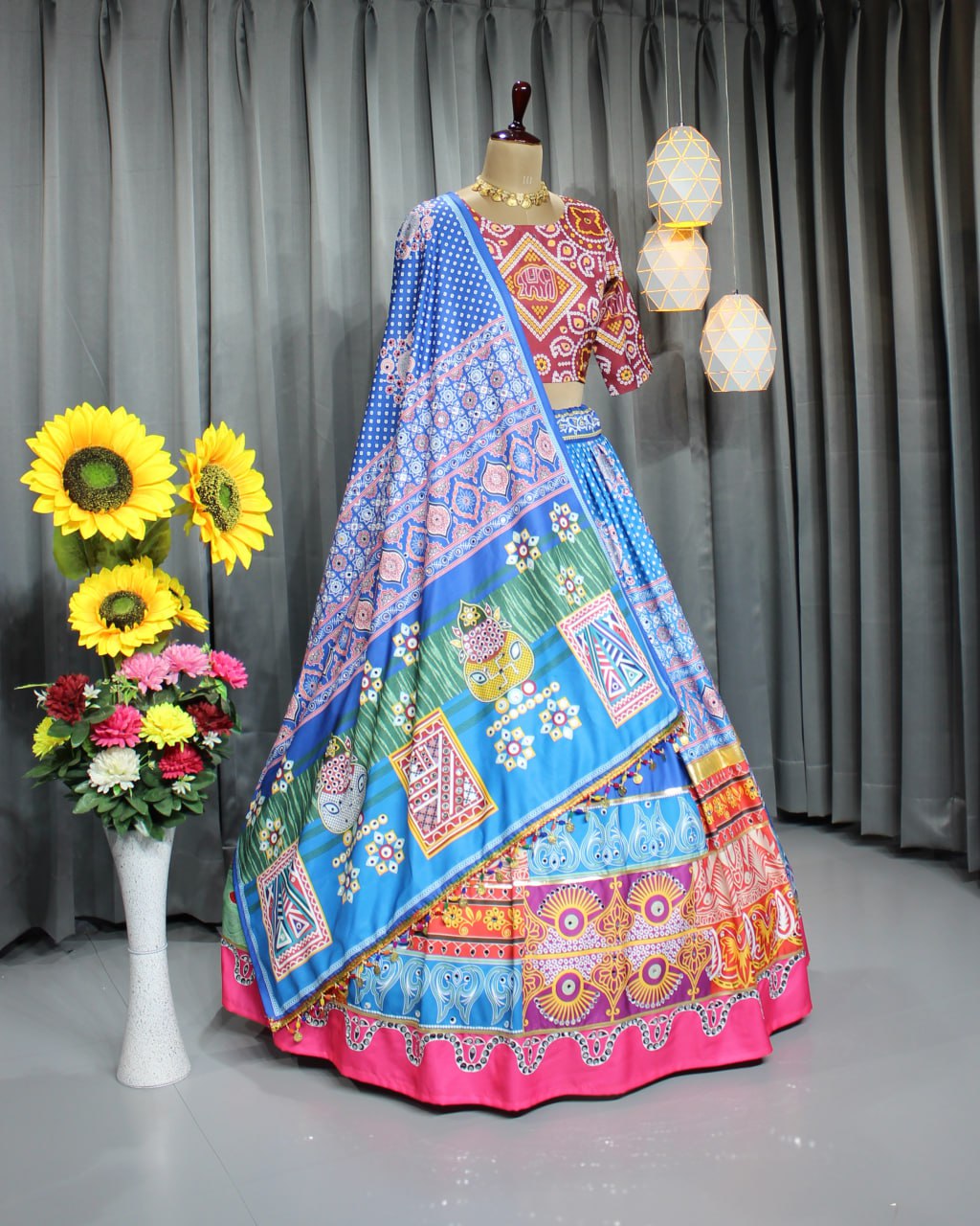 Multicolor Fancy Digital Print Soft Maslin Cotton Real Mirror Work Navaratri Lehenga Choli