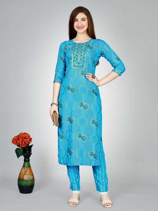 Sky Blue Color Heavy Rayon 14 Kgs With Embroidery Work Kurti and Pant