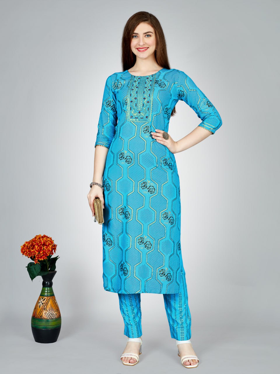 Sky Blue Color Heavy Rayon 14 Kgs With Embroidery Work Kurti and Pant