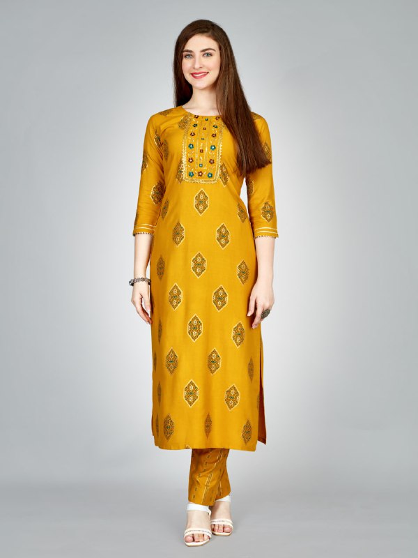 Yellow Color Heavy Rayon 14 Kgs With Embroidery Work Kurti and Pant