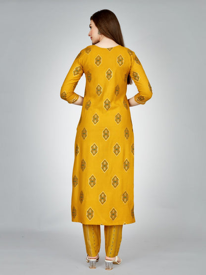 Yellow Color Heavy Rayon 14 Kgs With Embroidery Work Kurti and Pant