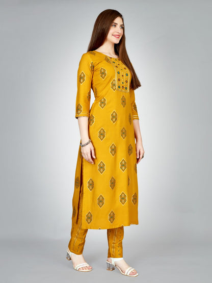 Yellow Color Heavy Rayon 14 Kgs With Embroidery Work Kurti and Pant