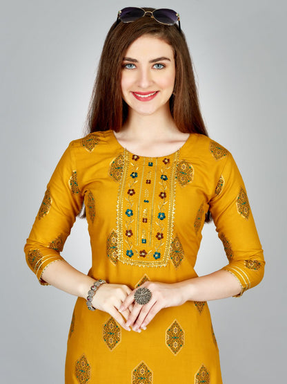 Yellow Color Heavy Rayon 14 Kgs With Embroidery Work Kurti and Pant