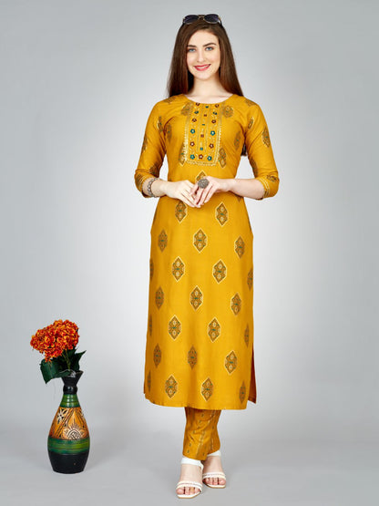 Yellow Color Heavy Rayon 14 Kgs With Embroidery Work Kurti and Pant