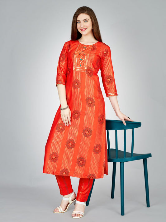 Orange Color Heavy Rayon 14 Kgs With Embroidery Work Kurti and Pant