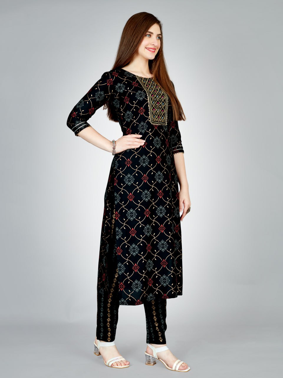 Black Color Heavy Rayon 14 Kgs With Embroidery Work Kurti and Pant