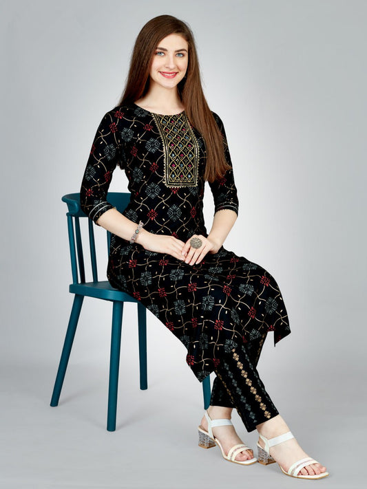 Black Color Heavy Rayon 14 Kgs With Embroidery Work Kurti and Pant