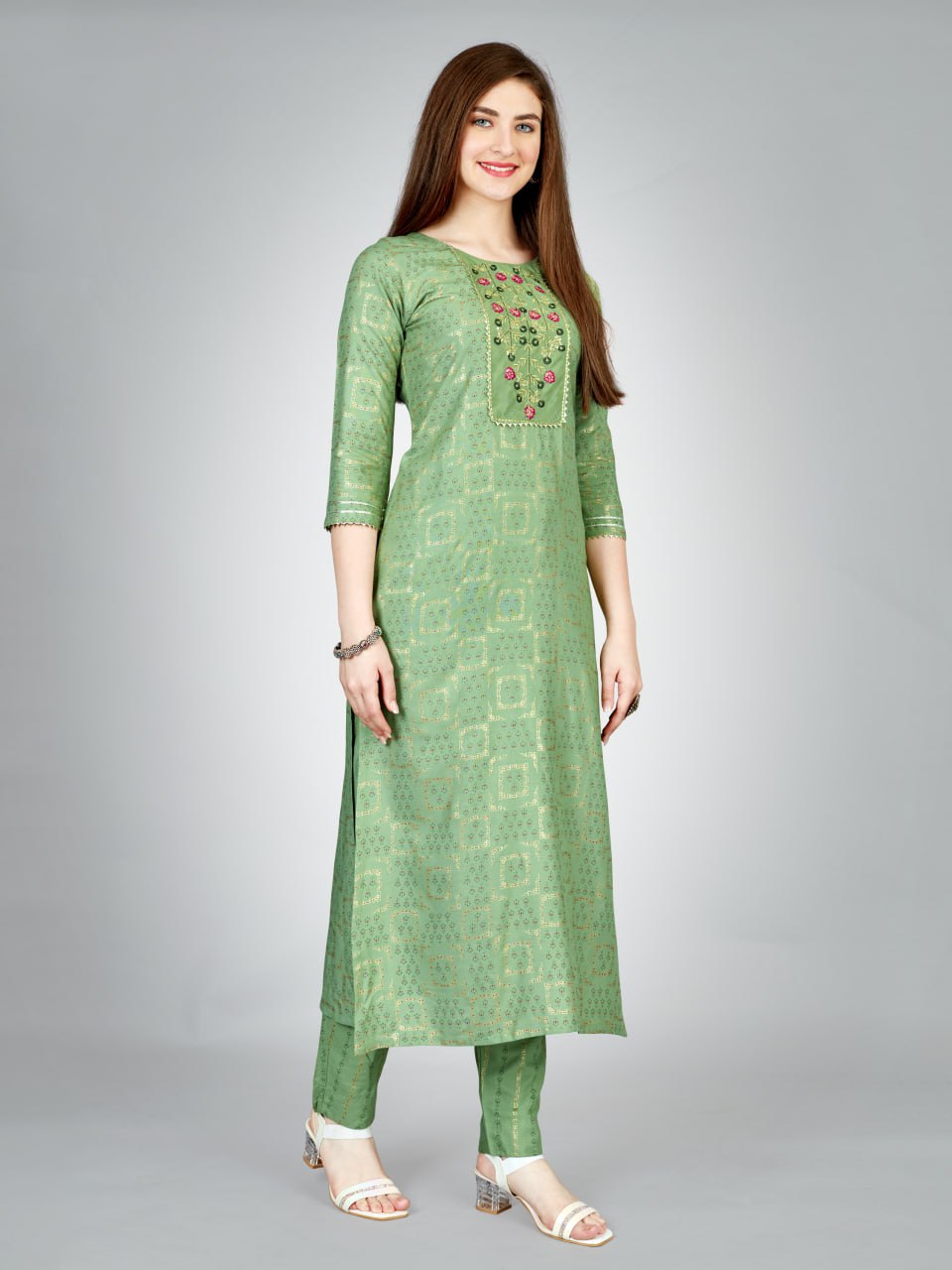 Pista Color Heavy Rayon 14 Kgs With Embroidery Work Kurti and Pant