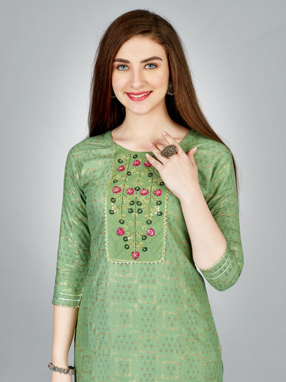 Pista Color Heavy Rayon 14 Kgs With Embroidery Work Kurti and Pant