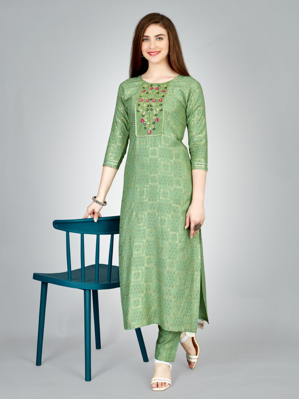 Pista Color Heavy Rayon 14 Kgs With Embroidery Work Kurti and Pant