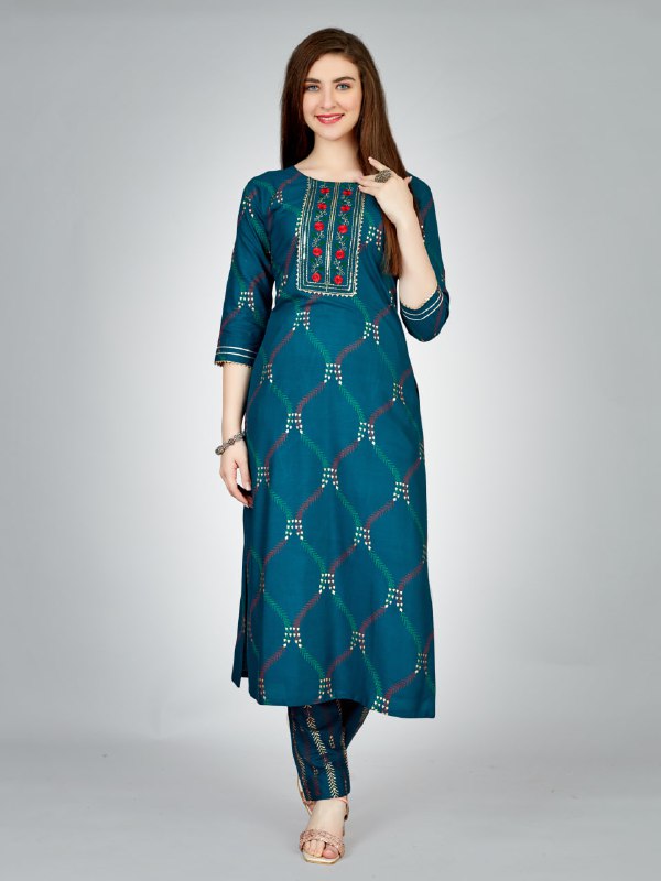 Navy Blue Color Heavy Rayon 14 Kgs With Embroidery Work Kurti and Pant
