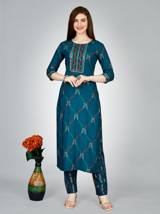 Navy Blue Color Heavy Rayon 14 Kgs With Embroidery Work Kurti and Pant