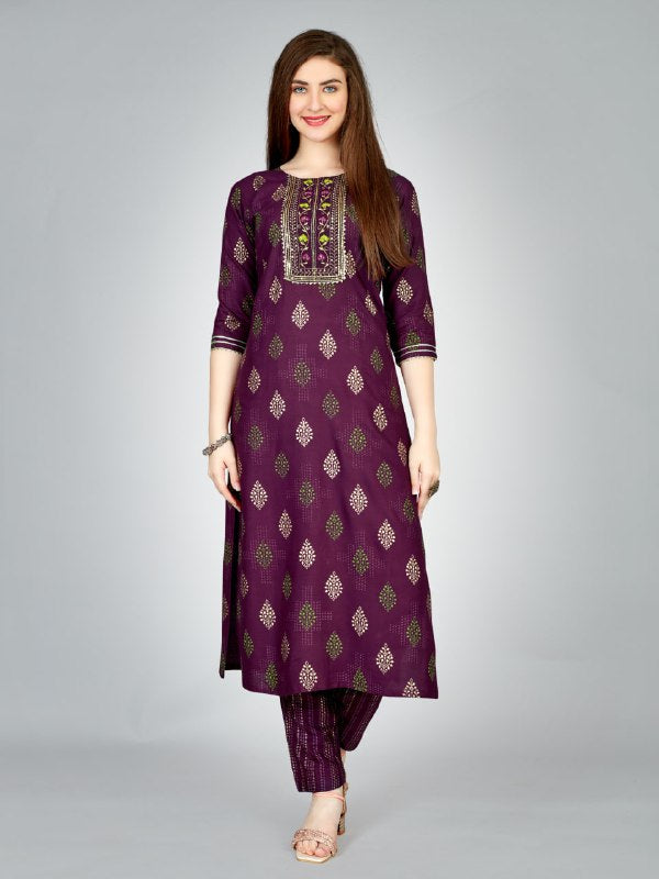 Purple Color Heavy Rayon 14 Kgs With Embroidery Work Kurti and Pant