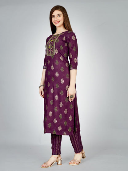 Purple Color Heavy Rayon 14 Kgs With Embroidery Work Kurti and Pant