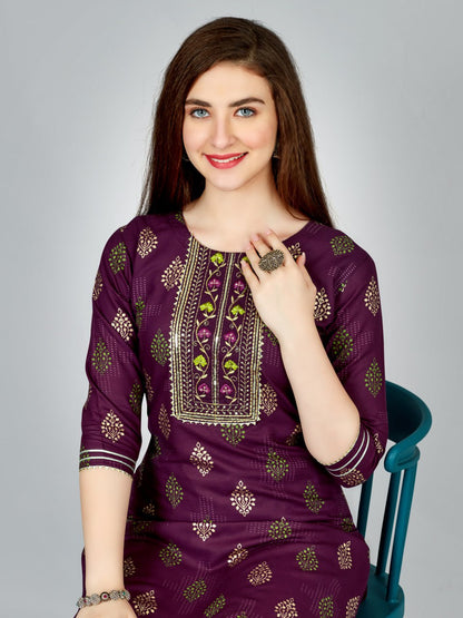 Purple Color Heavy Rayon 14 Kgs With Embroidery Work Kurti and Pant