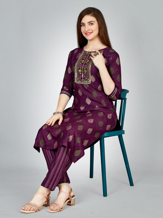 Purple Color Heavy Rayon 14 Kgs With Embroidery Work Kurti and Pant