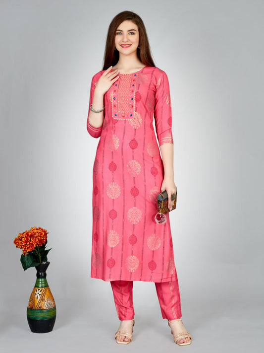 Pink Color Heavy Rayon 14 Kgs With Embroidery Work Kurti and Pant