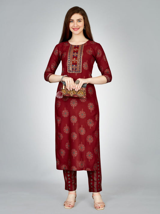 Maroon Color Heavy Rayon 14 Kgs With Embroidery Work Kurti and Pant