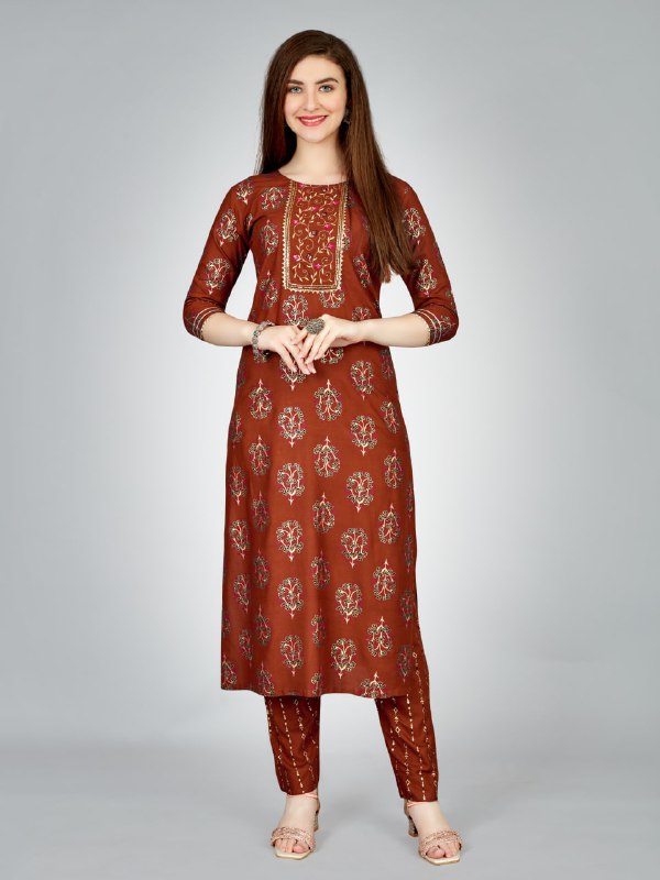 Rust Color Heavy Rayon 14 Kgs With Embroidery Work Kurti and Pant