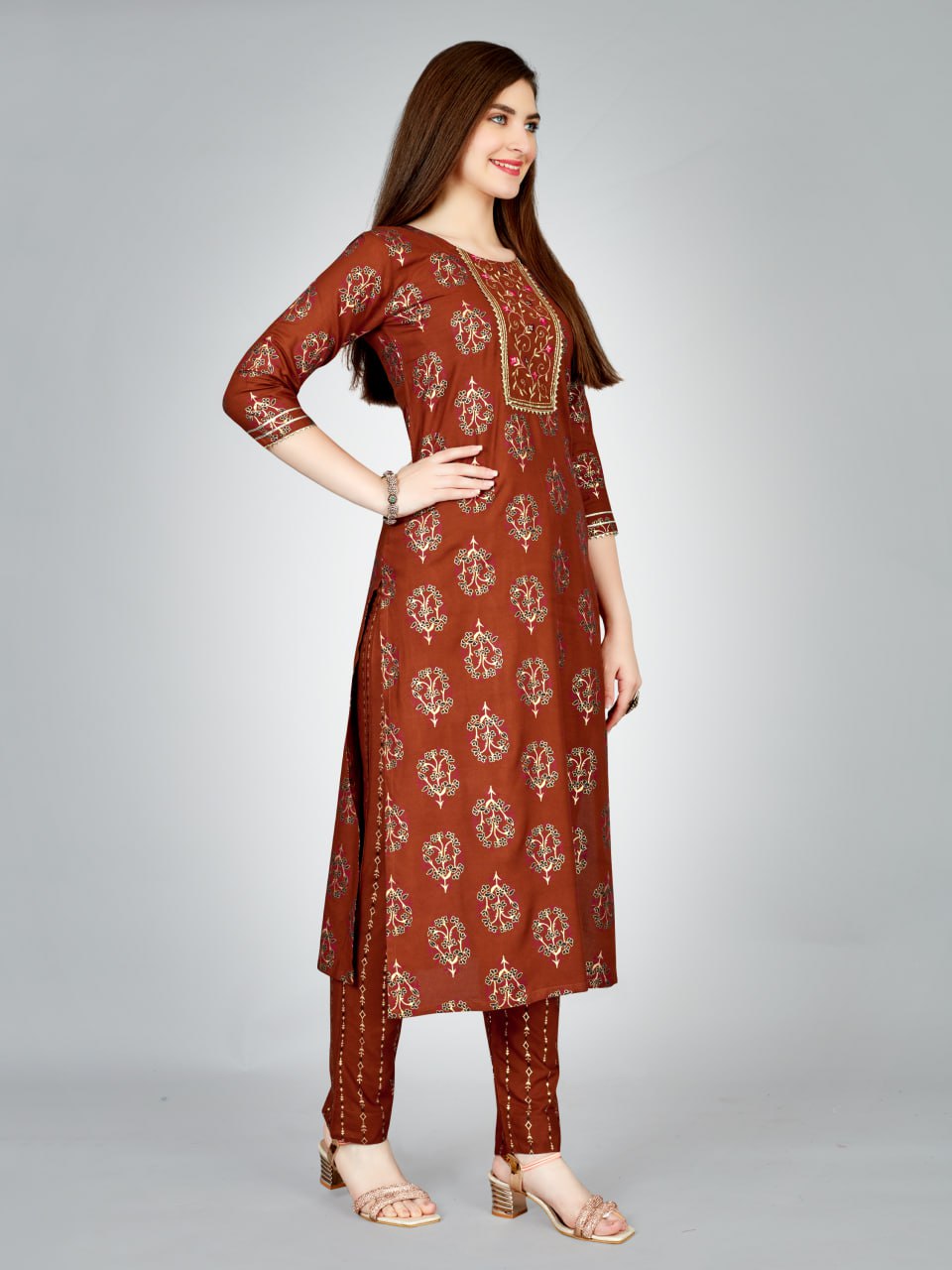 Rust Color Heavy Rayon 14 Kgs With Embroidery Work Kurti and Pant