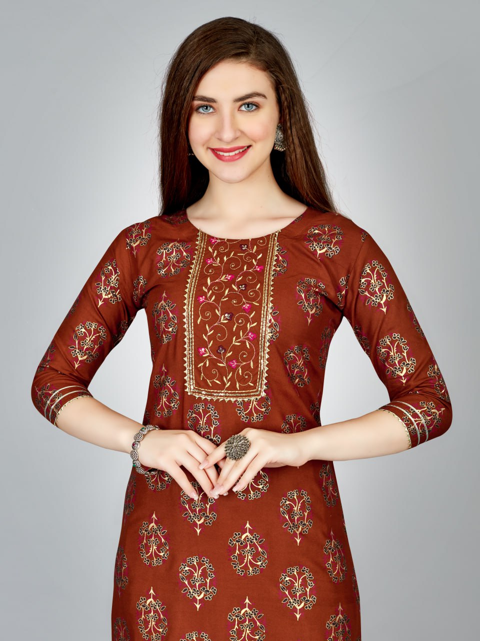 Rust Color Heavy Rayon 14 Kgs With Embroidery Work Kurti and Pant