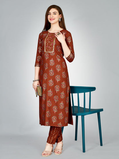 Rust Color Heavy Rayon 14 Kgs With Embroidery Work Kurti and Pant