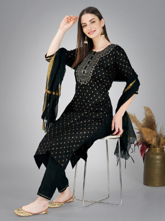 Black Color Cotton Magic Slub with Embroidery & Sequence Work Pant  Kurti  Pant  Dupatta