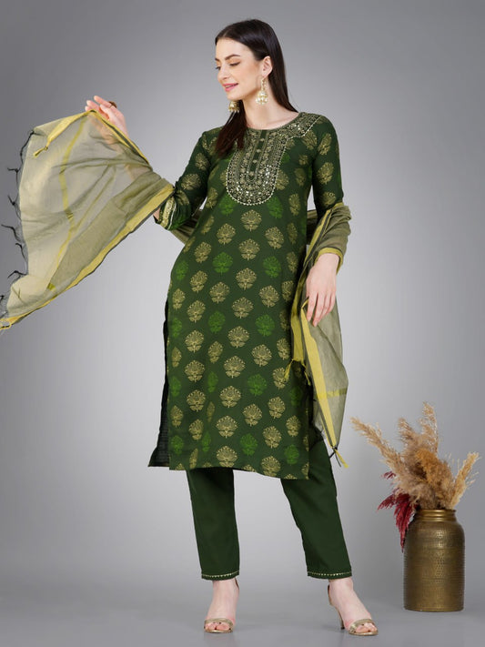 Dark Green Color Cotton Magic Slub with Embroidery & Sequence Work Pant  Kurti  Pant  Dupatta