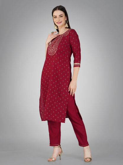 Maroon Color Cotton Magic Slub with Embroidery & Sequence Work Pant  Kurti  Pant  Dupatta