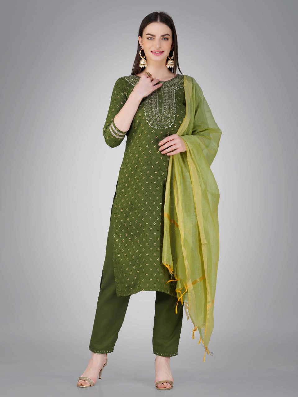 Mehendi Color Cotton Magic Slub with Embroidery & Sequence Work Pant  Kurti  Pant  Dupatta