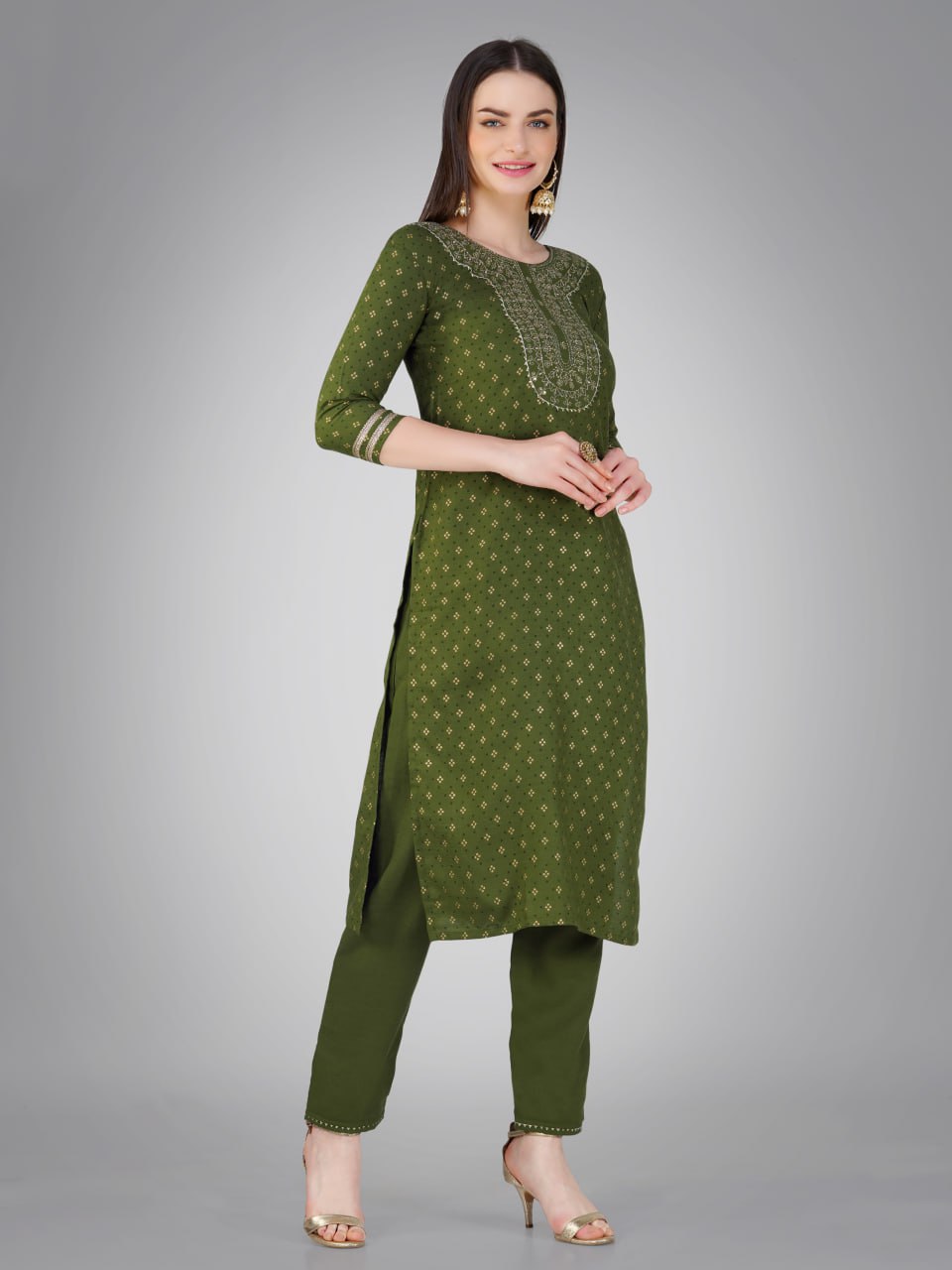 Mehendi Color Cotton Magic Slub with Embroidery & Sequence Work Pant  Kurti  Pant  Dupatta