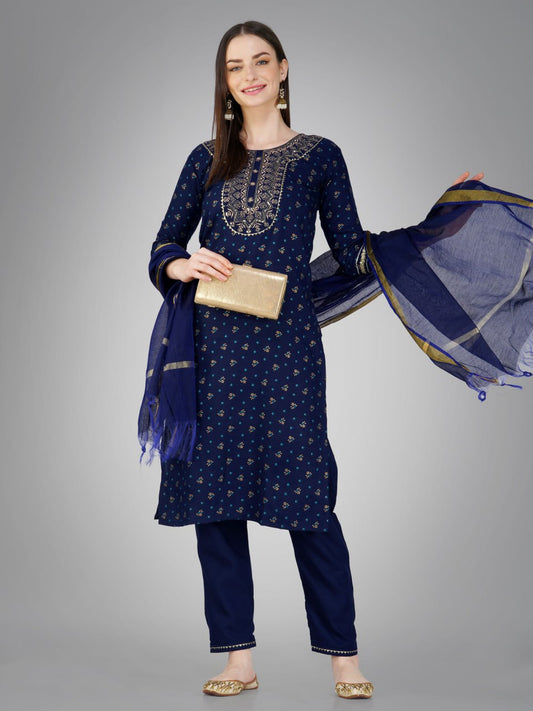 Navy Blue Color Cotton Magic Slub with Embroidery & Sequence Work Pant  Kurti  Pant  Dupatta