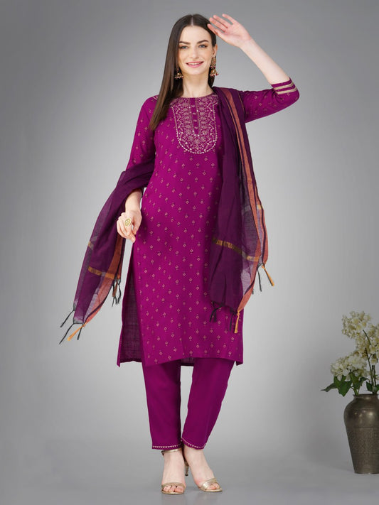 Purple Color Cotton Magic Slub with Embroidery & Sequence Work Pant  Kurti  Pant  Dupatta