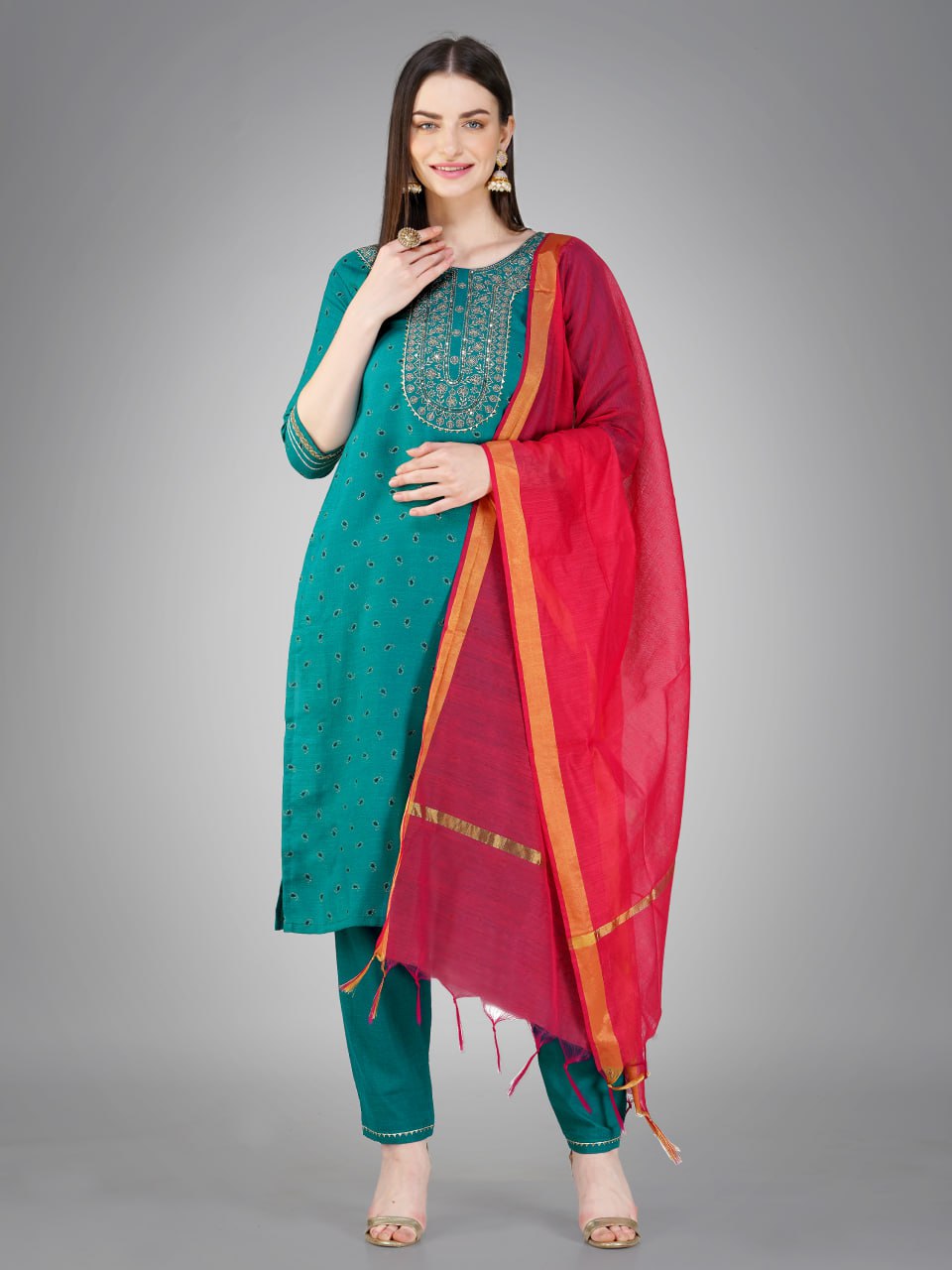 Rama Color Cotton Magic Slub with Embroidery & Sequence Work Pant  Kurti  Pant  Dupatta