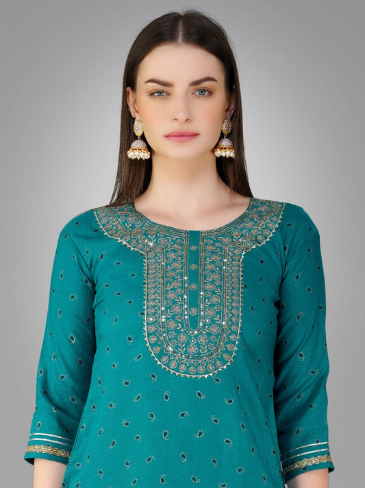 Rama Color Cotton Magic Slub with Embroidery & Sequence Work Pant  Kurti  Pant  Dupatta