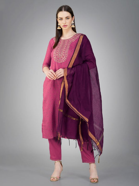 Wine Color Cotton Magic Slub with Embroidery & Sequence Work Pant  Kurti  Pant  Dupatta