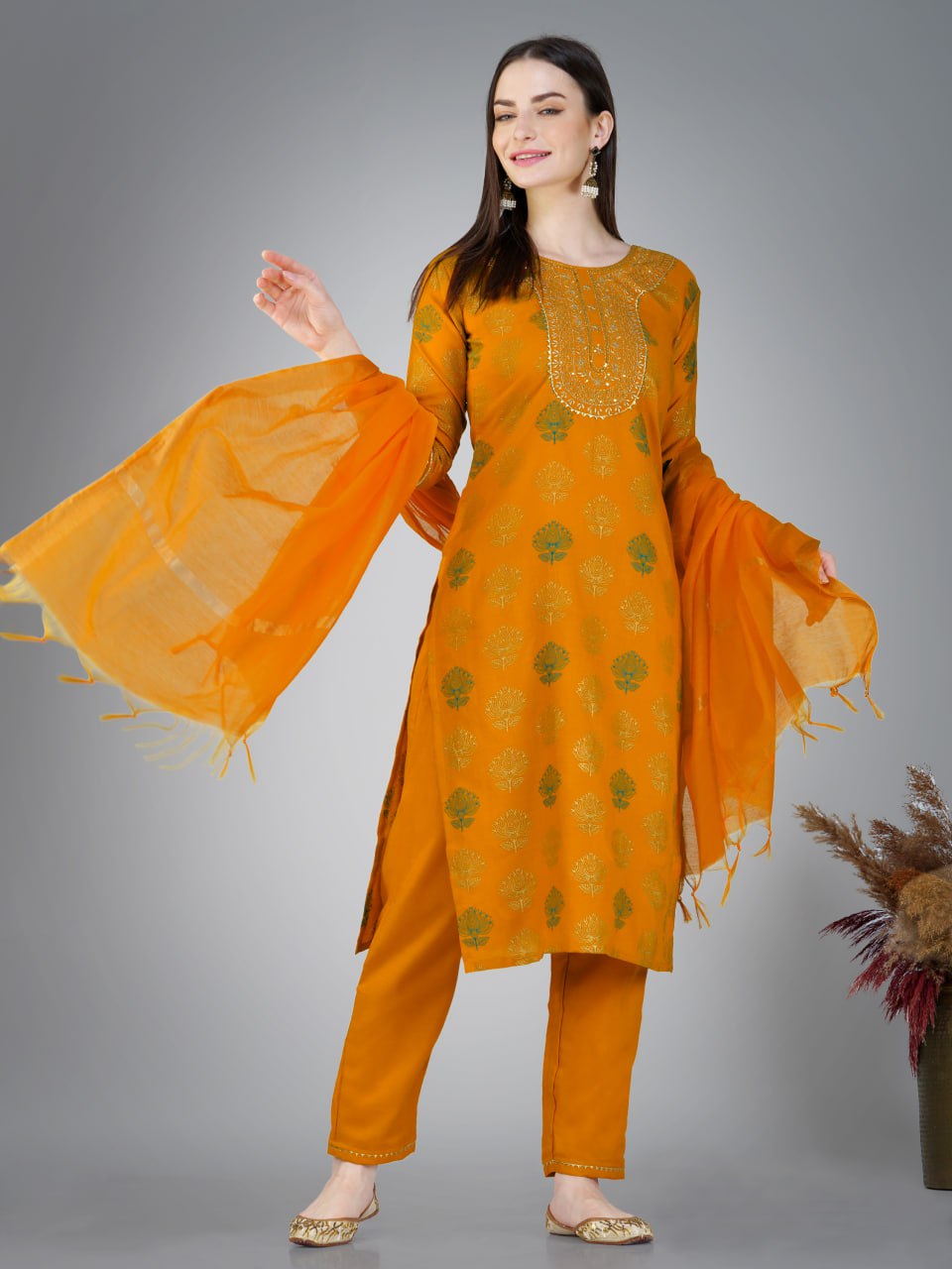 Yellow  Color Cotton Magic Slub with Embroidery & Sequence Work Pant  Kurti  Pant  Dupatta