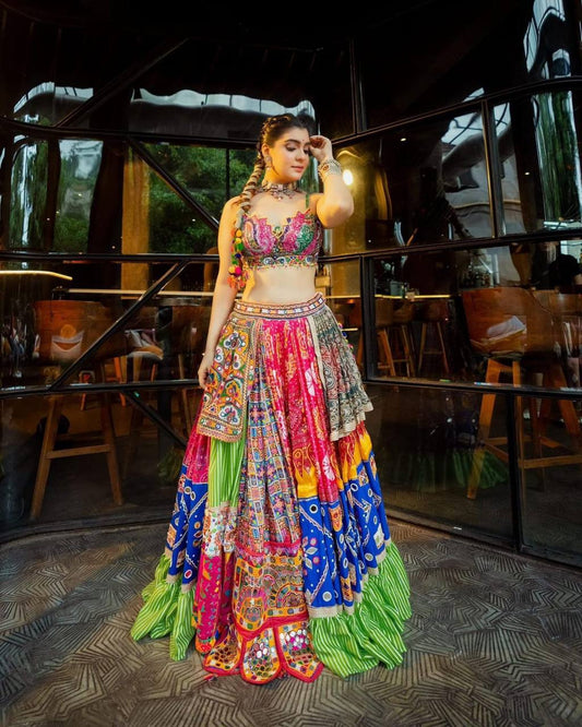 Multicolor Fancy Digital Print Soft Butter Silk Real Mirror Work Navaratri Lehenga choli